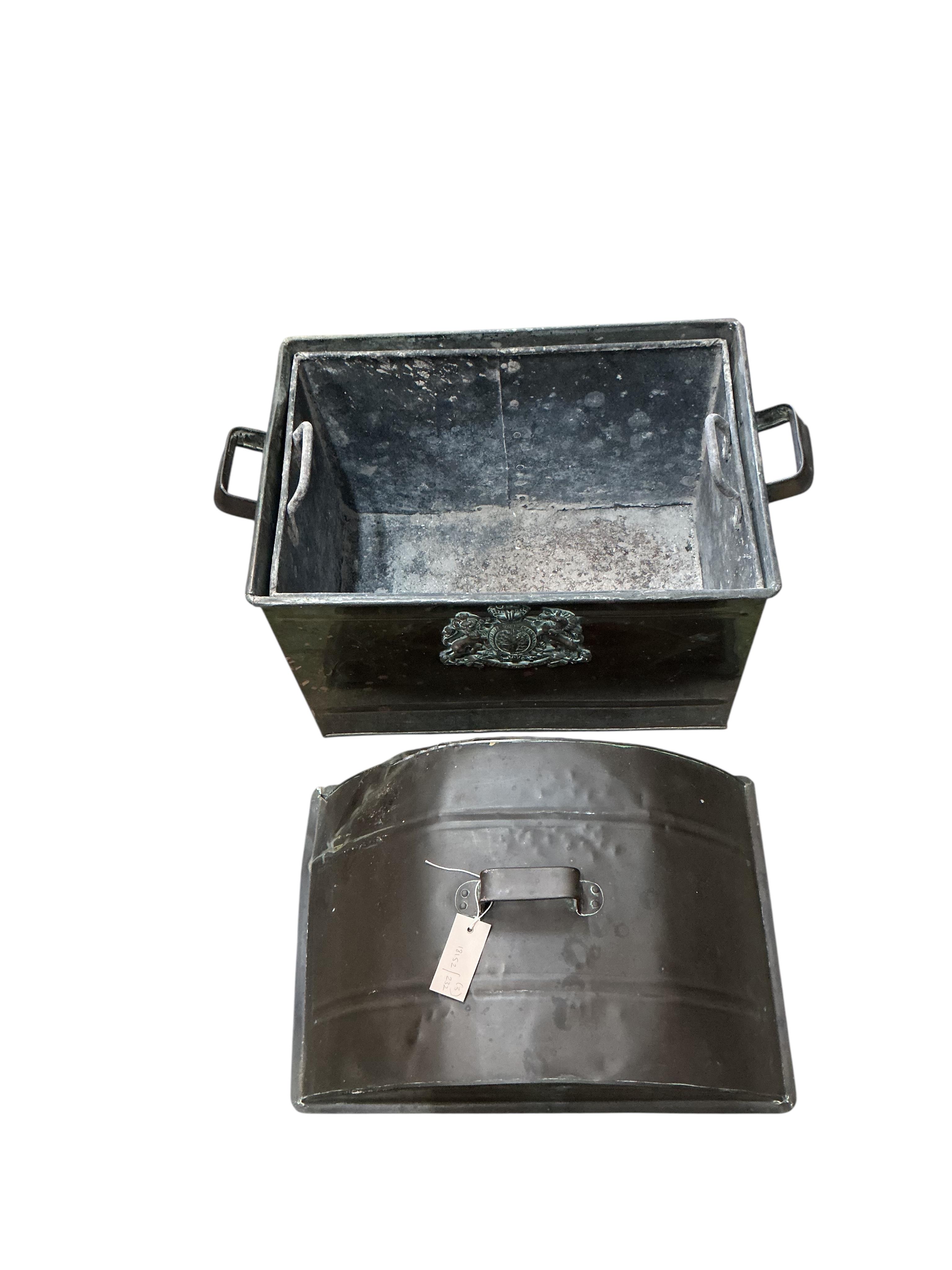 A domed toleware coal bin applied royal crest, width 54cm together with a staved mahogany coal bucket and liner and a copper and brass lidded pail